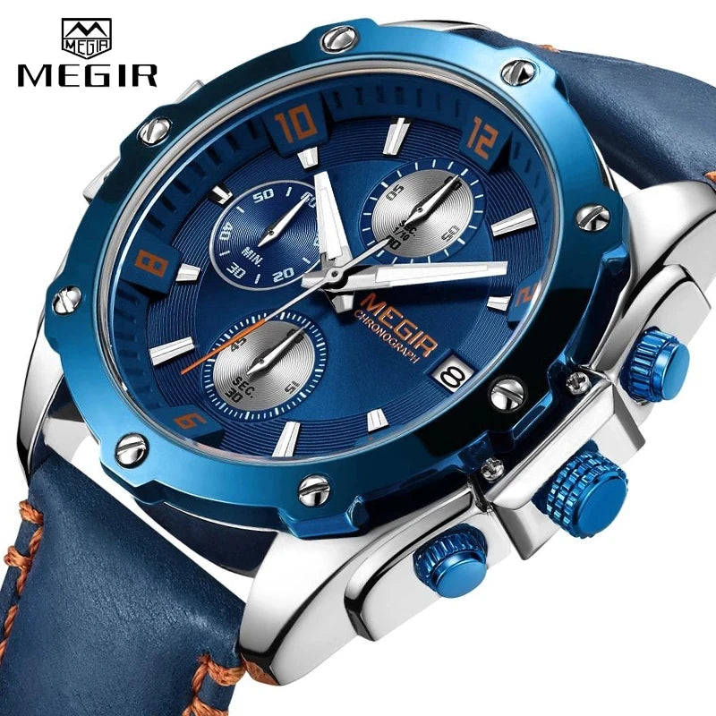 MEGIR 2074 Luxury Watch Relogio Masculino Blue Leather Business Quartz Watches Men Wrist Clock Creative Gift Wristwatches