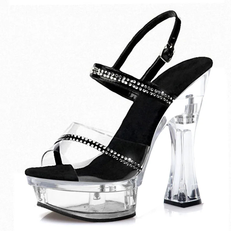 New thick heel transparent platform leaky toe steel pipe dance high heels 14cm thick heel model fashion sandals