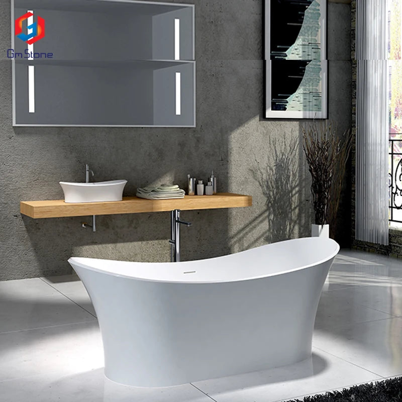 Modern Design Freestanding Soaking Drainer Easy Installation Artificial Boat-Shaped Resin Stone Bath  Apartments