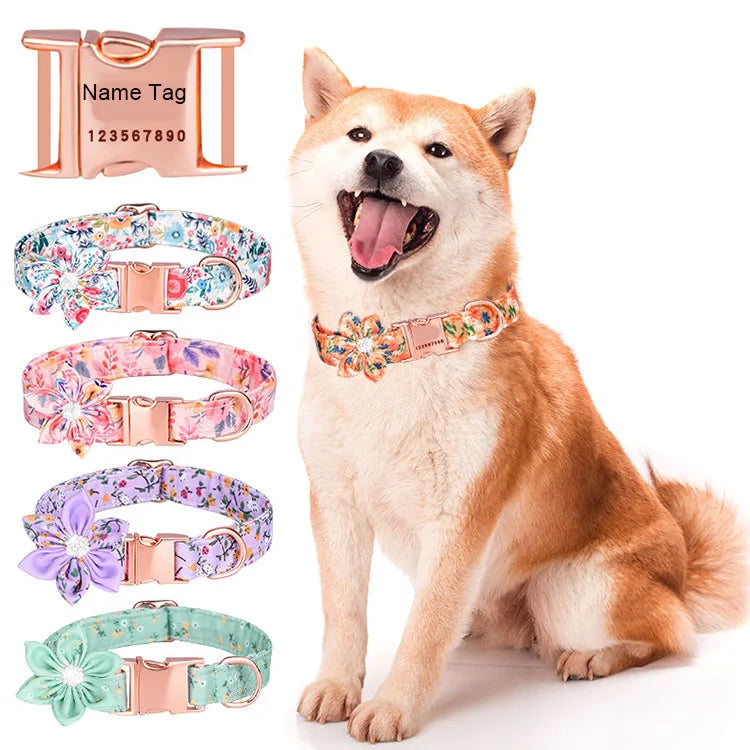 Custom Flower Girl Dog Floral Pattern Engraved Pet Collars  Personalized Gold Buckle Female Dogs Collar