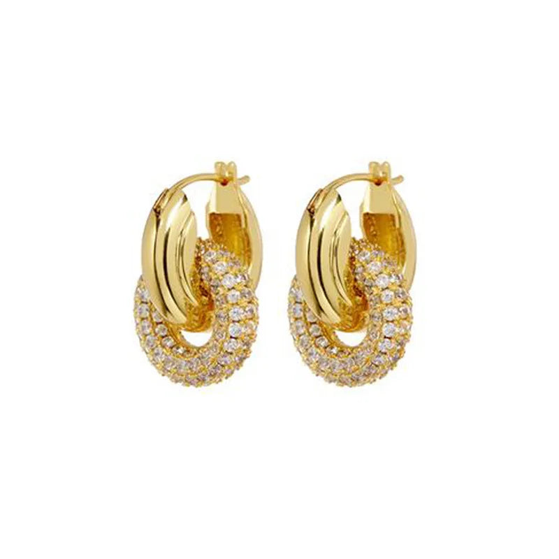 Chunky Fashion Chic Alloy Material Fine Gold Plated Zircon Beads Iced Out Hoops Dangle Earring for Women
