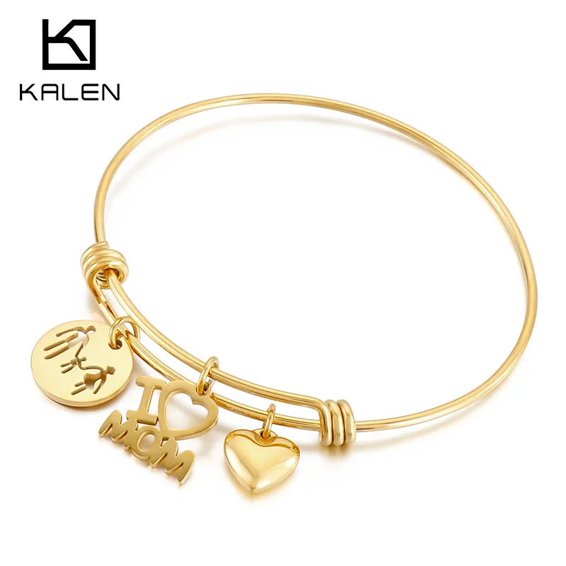 Kalen European American Fashion Charm Bracelet Simple Stainless Steel Adjustable Heart-Shape Mother's Day Gift for Mom Female