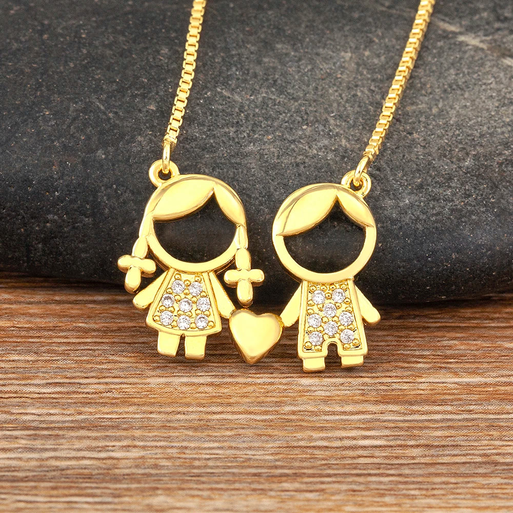 QIKU Sweet Boy&Girl Shape Heart Pendant Women Necklace Copper Zircon Exquisite Jewelry Children Birthday Valentine's Day Gift