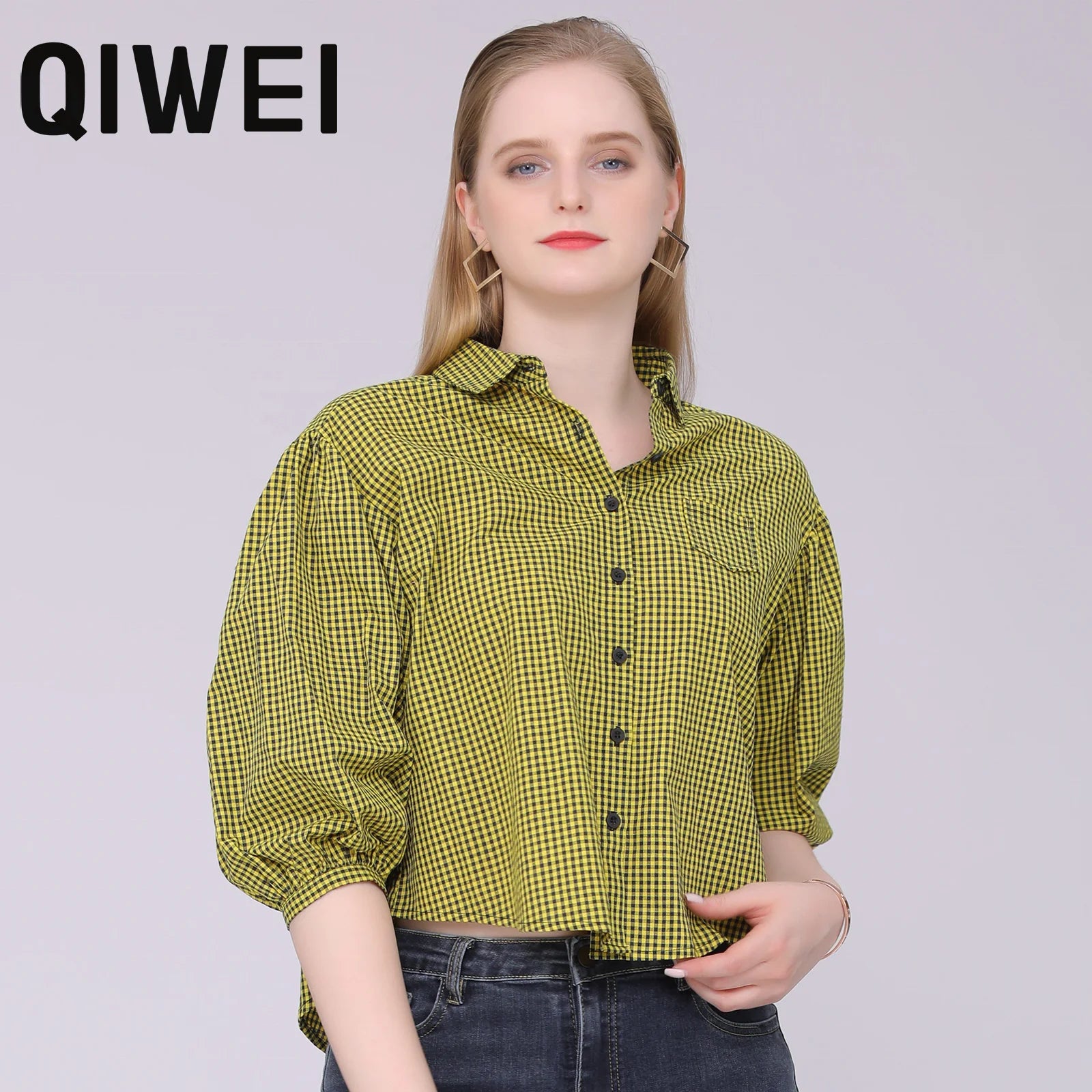 Plaid Yellow Shirt Tops and Blouses Women Clothing Summer Ladies Black Button up Shirt