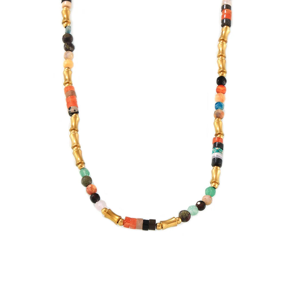 JOOLIM High End Stainless Steel Bohemia Style Colorful Natural Stone Cylinder Vintage Necklace 18K Gold Plated Jewelry Wholesale