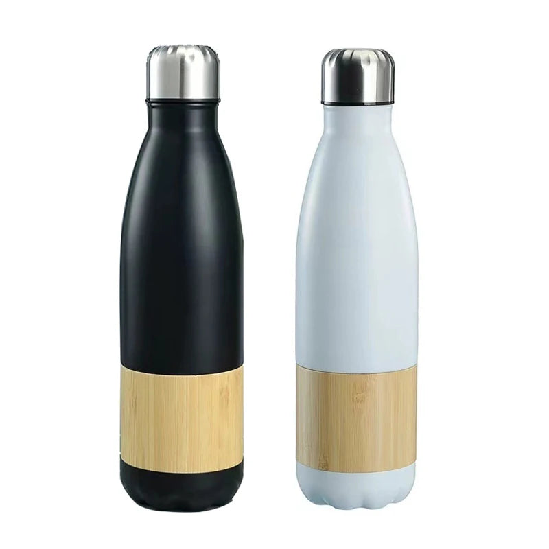 Eco Friendly Double Wall Cola Shape Thermos Flask With Bamboo Sheath Stainless Steel Vacuum Insulated Reusable Water Bottles