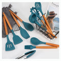 Hot Sale Set of 12 Pieces Non Stick Heat Resistant Silicone Kitchen Utensils Set Cooking Tool with Wooden Handle
