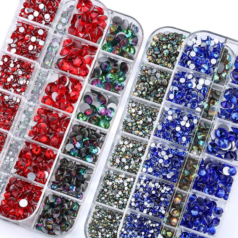 Hight Quality 12 Grid Glass Rhinestones Flat Back Non Hotfix Nail Crystal Decoration Design Nail Art Fancy Rhinestone Set Kit