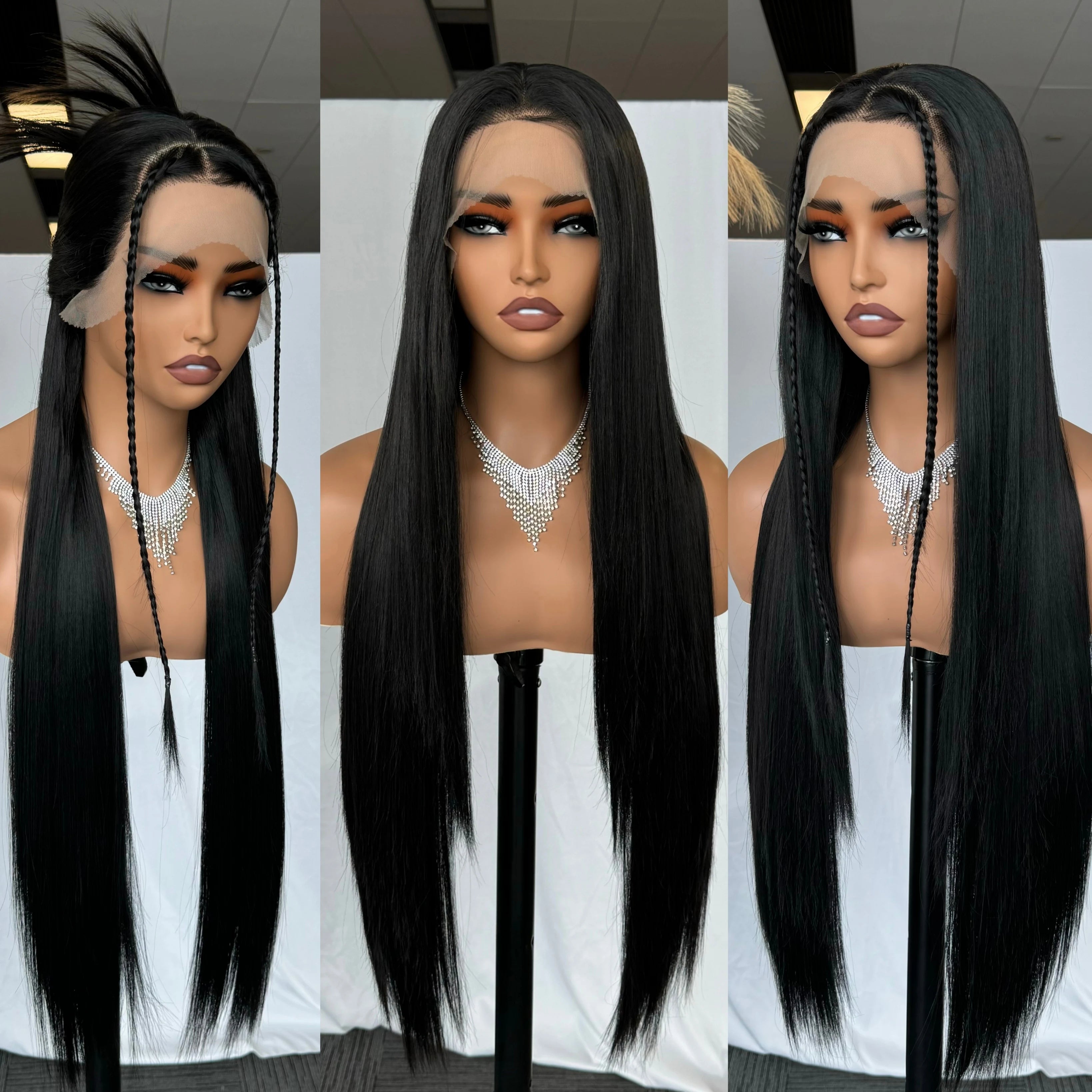 30 Inch Pre-plucked 13*6 Lace Frontal Wig Natural Black Long Silky Straight Synthetic Wigs Layered Cut Knotless Wigs for Women