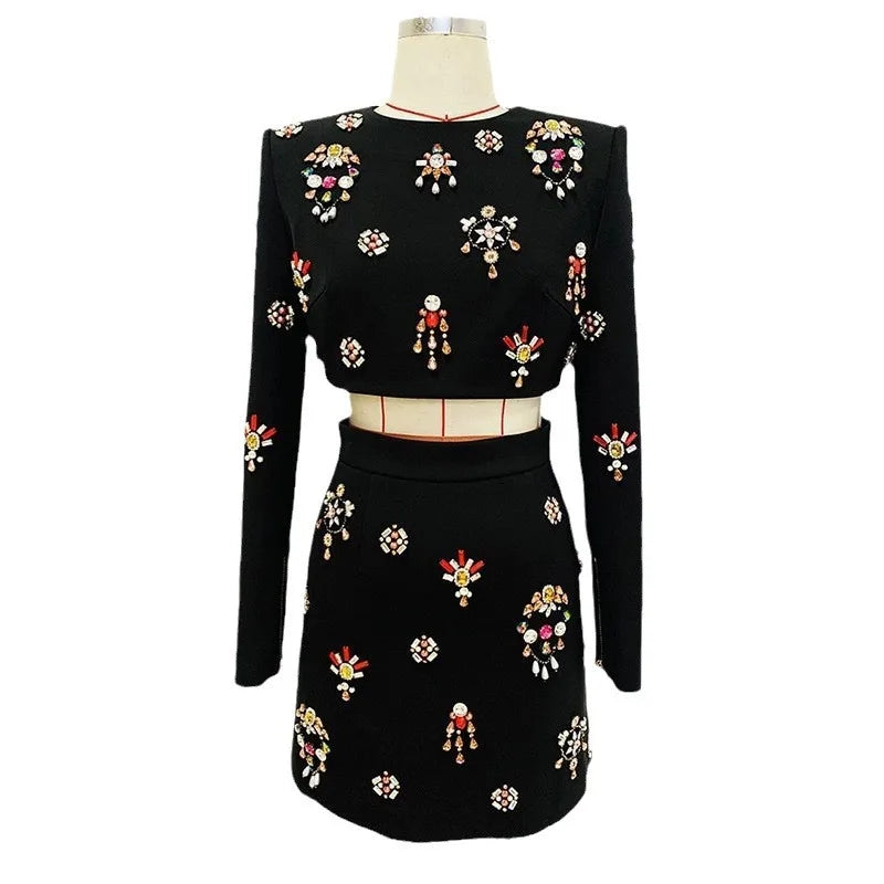 2025 European American Star Fashion Women's New Item Two-Piece Set-Short Top Knee Half Skirt Nail Bead Inlaid Diamond Heavy