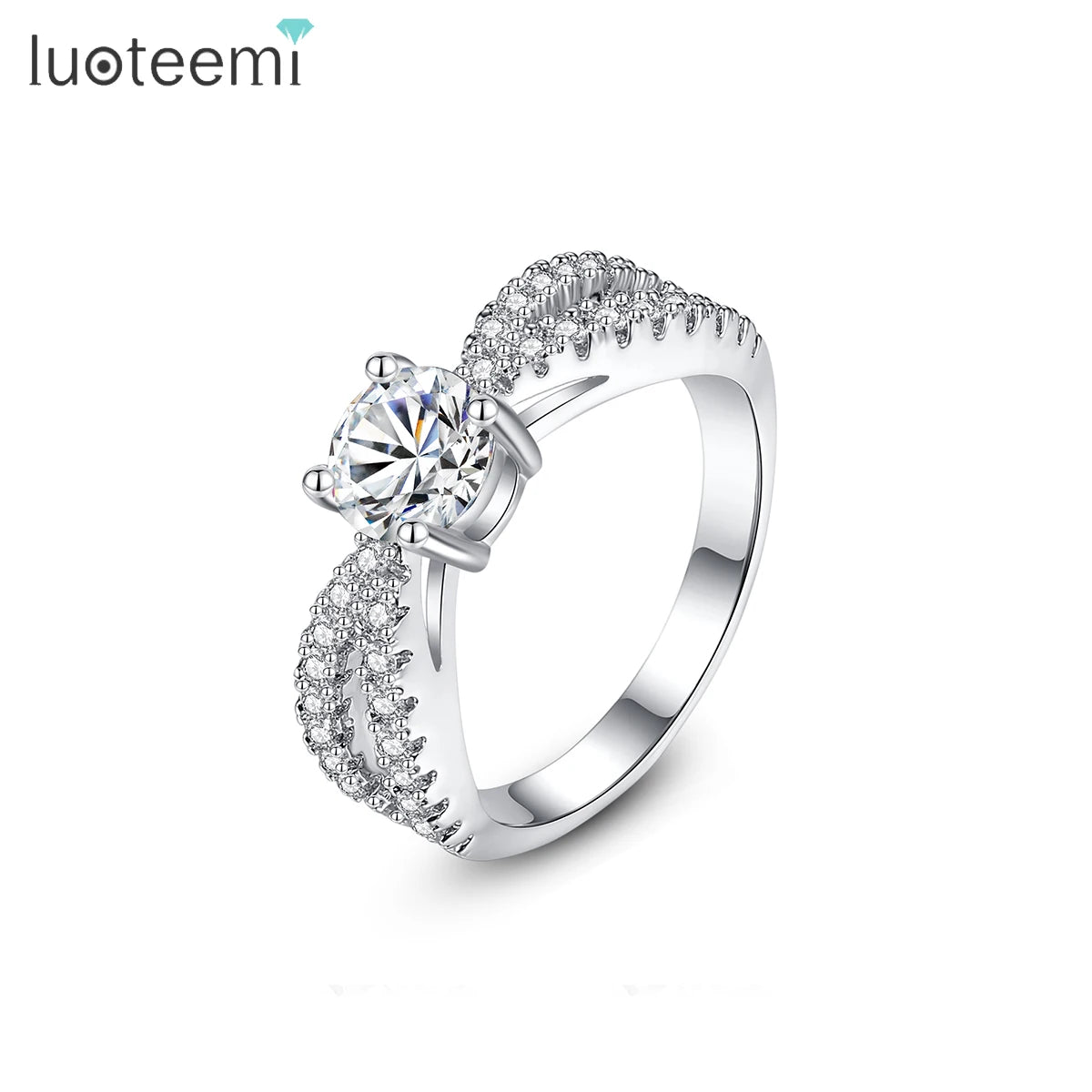 LUOTEEMI White Gold Plated 2 Carat Cubic Zirconia 2 Bands Halo Engagement Women Finger Rings