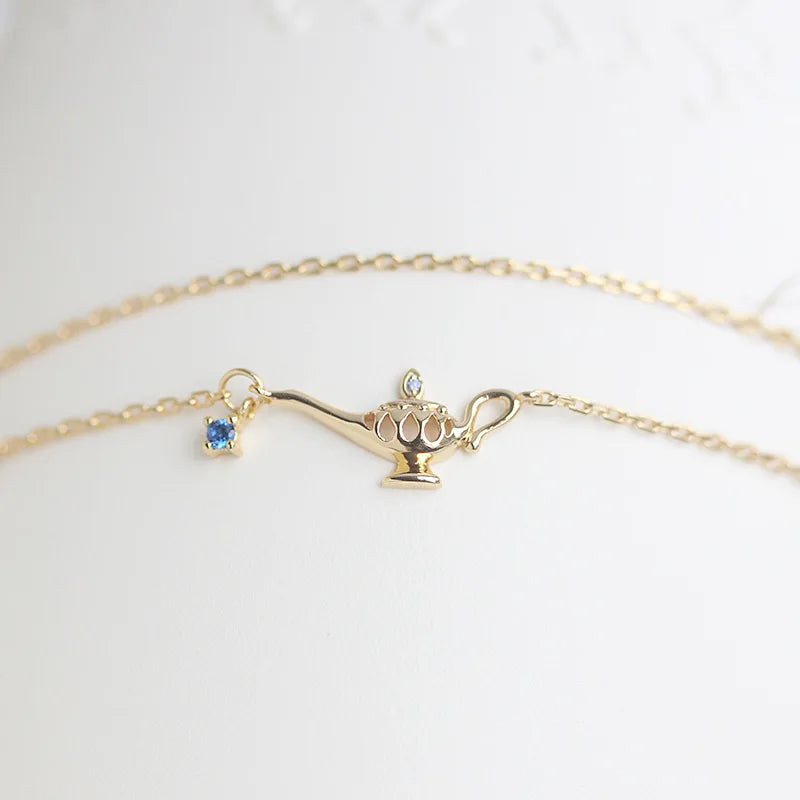 Creative 14k Gold Plated 925 Sterling Silver Double Layered Thin Chain Divine Lamp Charm Bracelets for Women Girls Jewelry