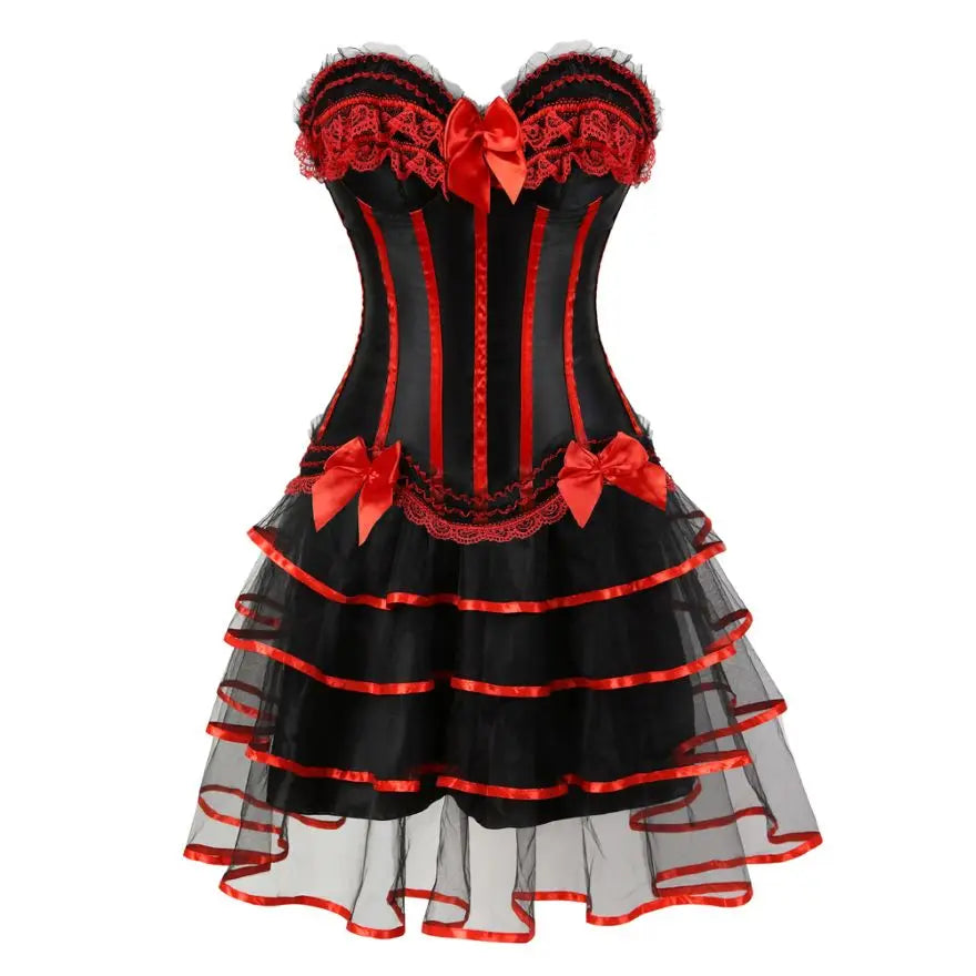 Classic Victorian Lace Corset Dress Vintage Satin Slim Corset Bustier Top With Mini Pleated Skirt Set