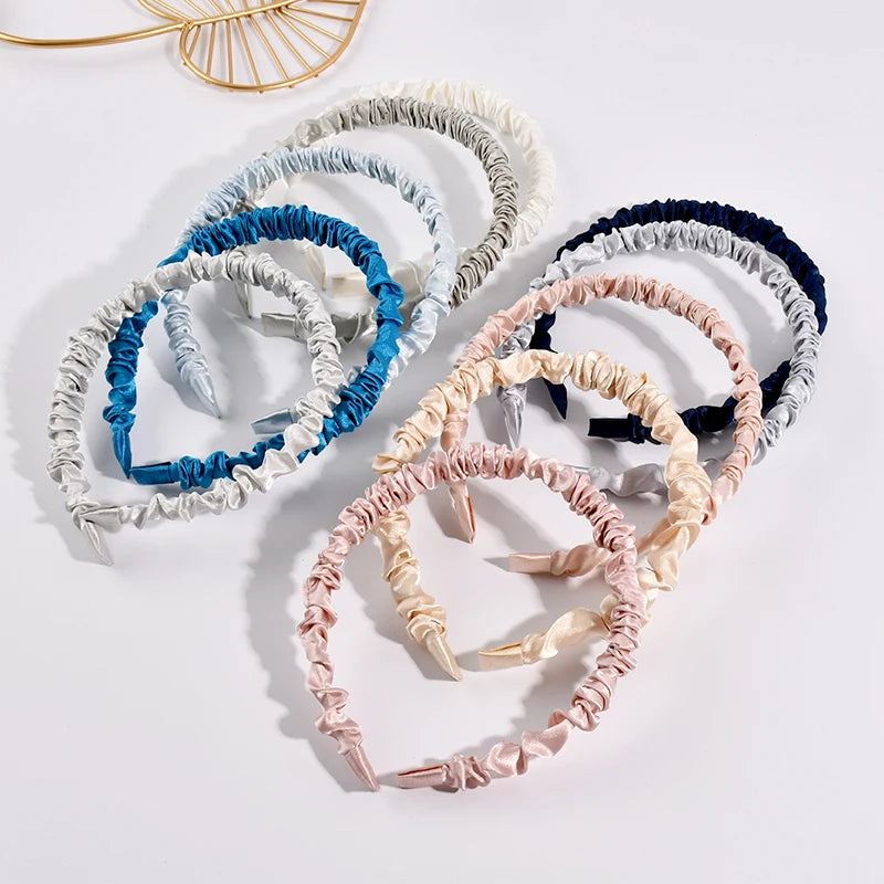 B.PHNE Wholesale Fashion Girls Hair Accessories Solid Color Silk Satin Thin Headbands Ruffle Hairbands for Women Girls