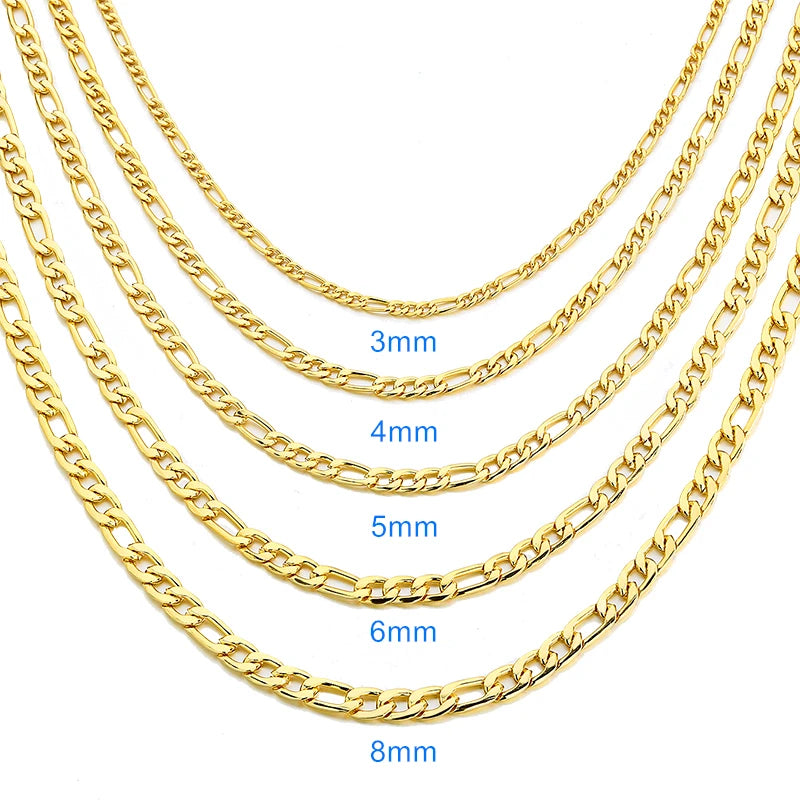 MICCI Wholesale Custom 3mm 4mm Necklace Chain for Women Jewelry 14K 18K Gold Plated Filled Stainless Steel Thick NK Figaro Chain
