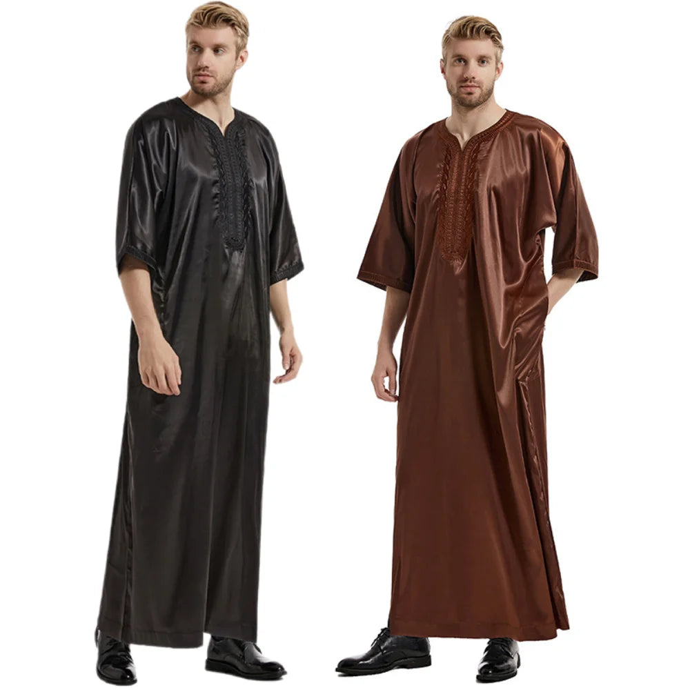 New Arrival Solid Color Moroccan for Daffah Thobe for Men Middle East Muslim Embroidered Robe with Satin Long Sleeves Made