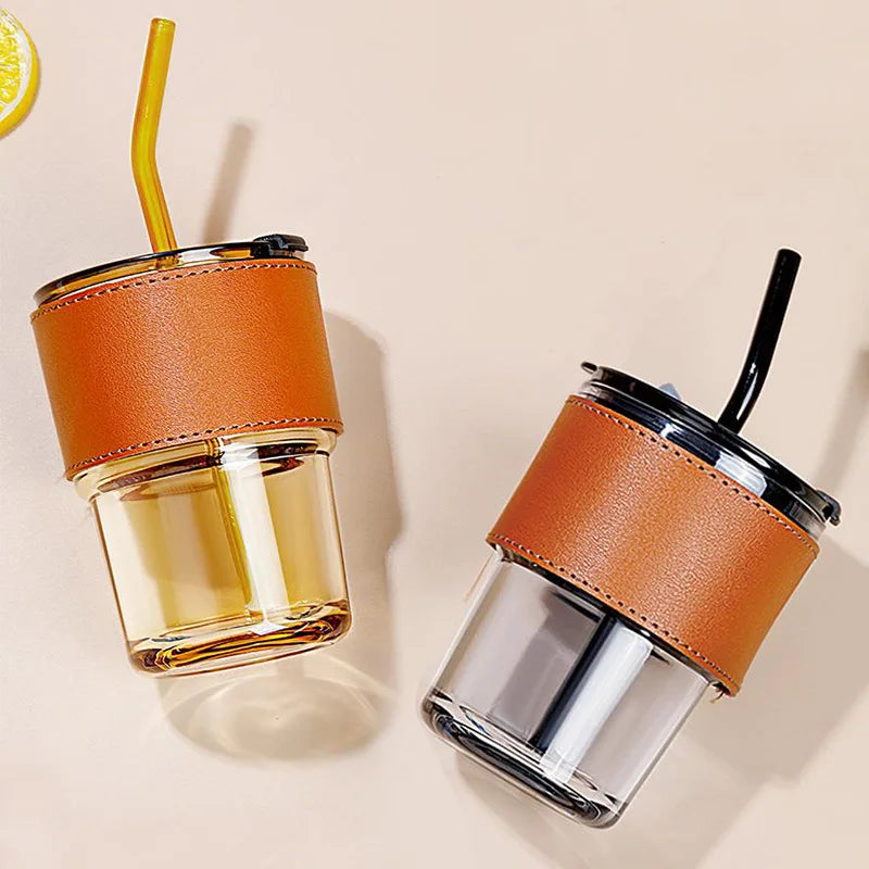 Clear Glass Beer Mugs with Cover Straw Classic Style QIAOQI Brand Back to School Household Girls Wholesale Drinking Cup Set logo