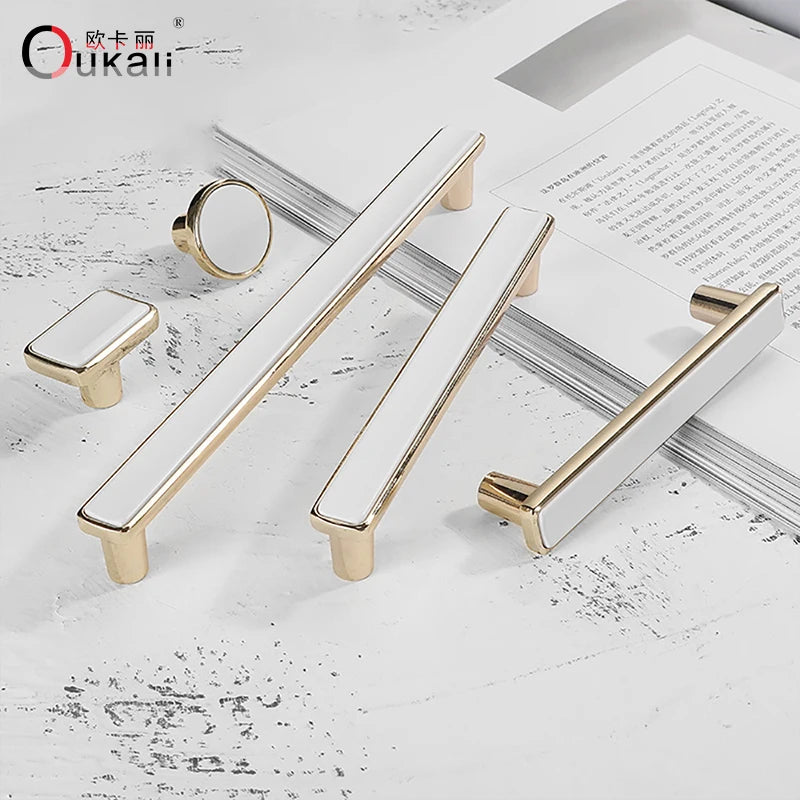 Oukali Best-Selling K Gold White Pull Handles Knobs Cabinet Wardrobe Home 96mm 192mm Handles & Single Hole Handles