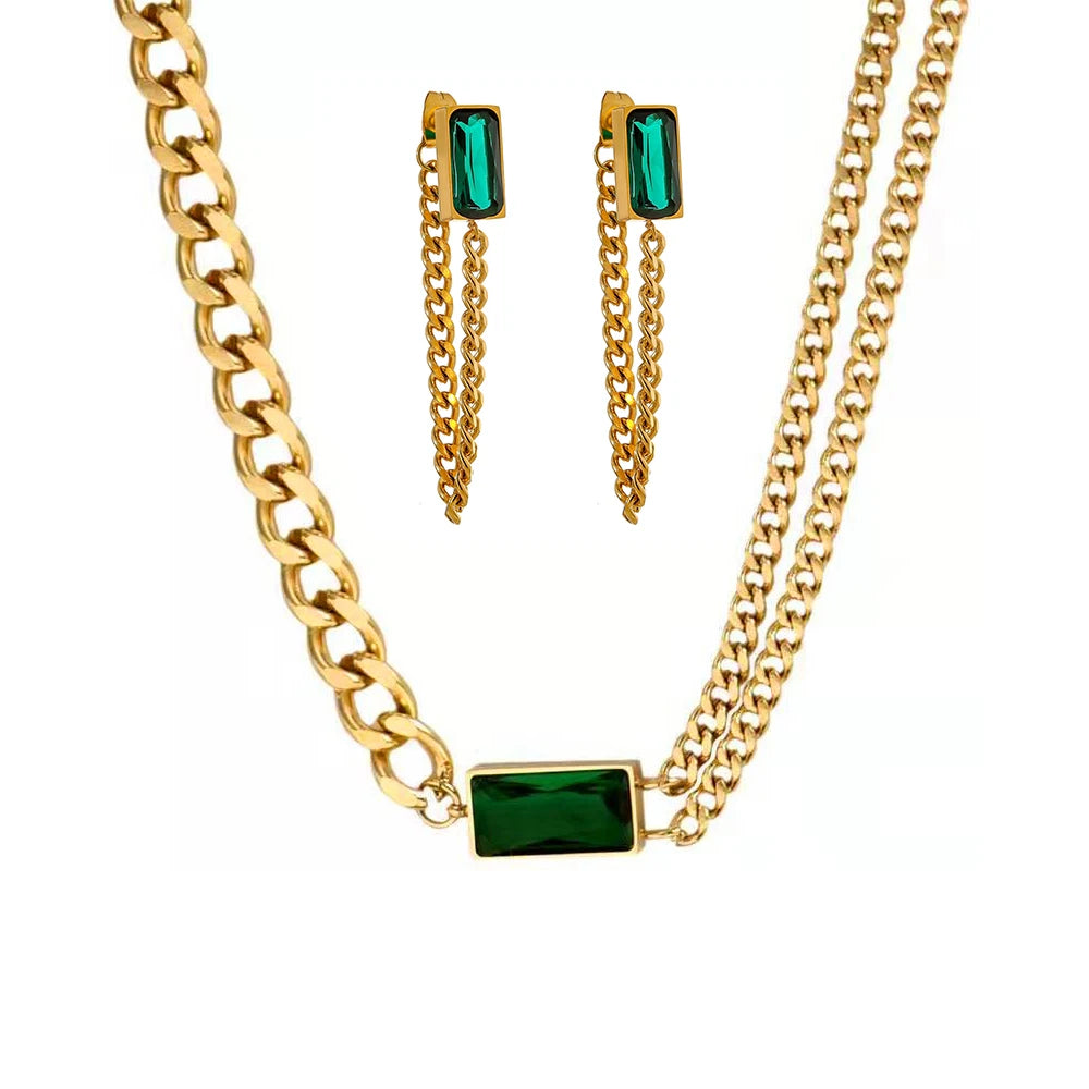 Nabest Women Rectangle Emerald Necklace Bracelet Earring Jewelry Set 18K Gold Plated Stainless Steel Jewelry Kits