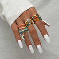 8 Pcs/Set Bohemian Women Rings Set Moon Heart Seed Beads Chain Elastic Colorful Lady Knuckle Finger Ring Boho Vintage Jewelry