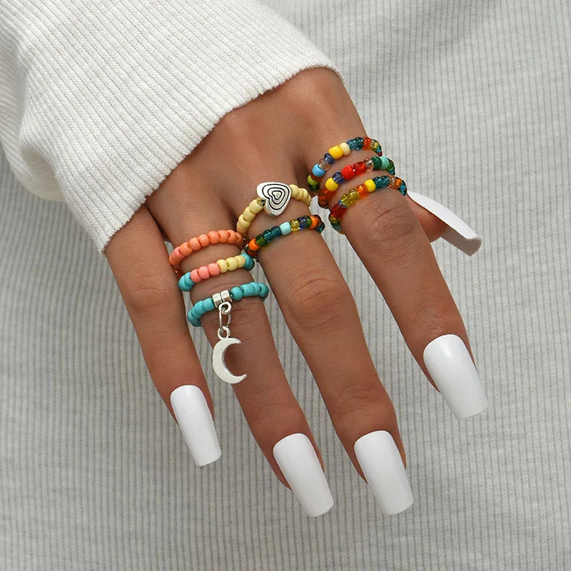 8 Pcs/Set Bohemian Women Rings Set Moon Heart Seed Beads Chain Elastic Colorful Lady Knuckle Finger Ring Boho Vintage Jewelry