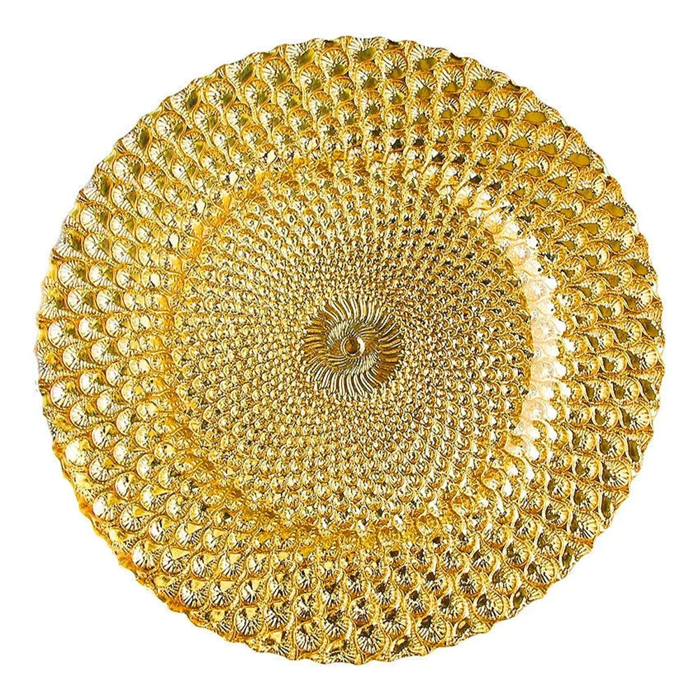 Wholesale Elegant Glass Charger Plates in Gold Silver Blue Red for Weddings Parties Eco-Friendly Peacock Design Dinnerware