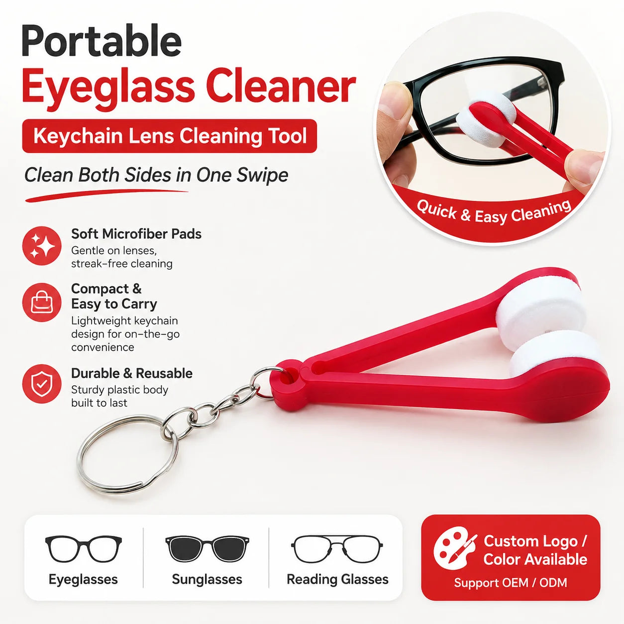 Portable Microfiber Eyeglass Cleaner Mini Glasses Wipe Tool Double Sided Sun Glasses Lens Cleaning Clip for Eyewear Care