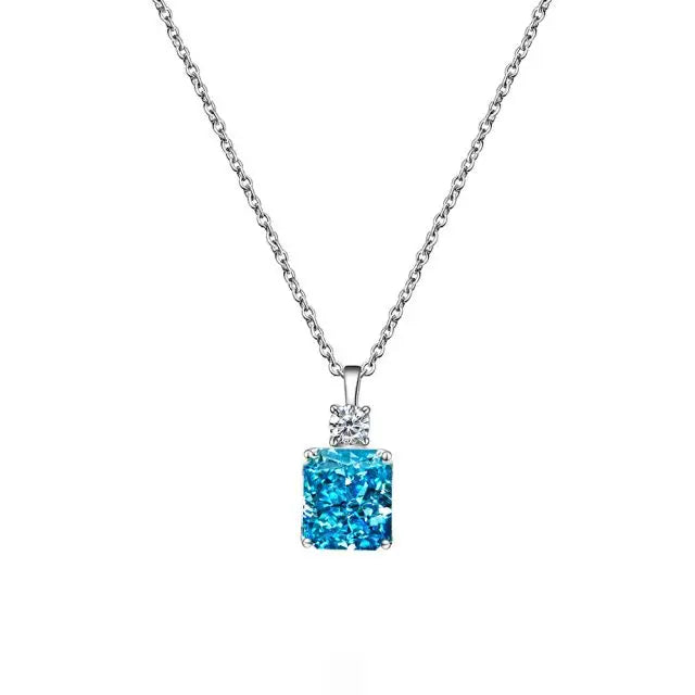 New Womens Crystal Square Halo Cubic Zirconia Necklace in Sterling Silver