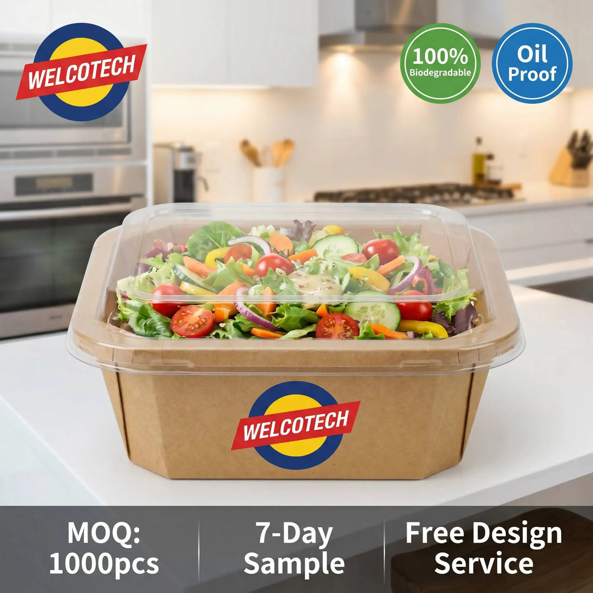 WELCOTECH Square Disposable Kraft Paper Lunch Box Custom Logo Biodegradable Salad Container With Lids Microwave Safe Wholesale