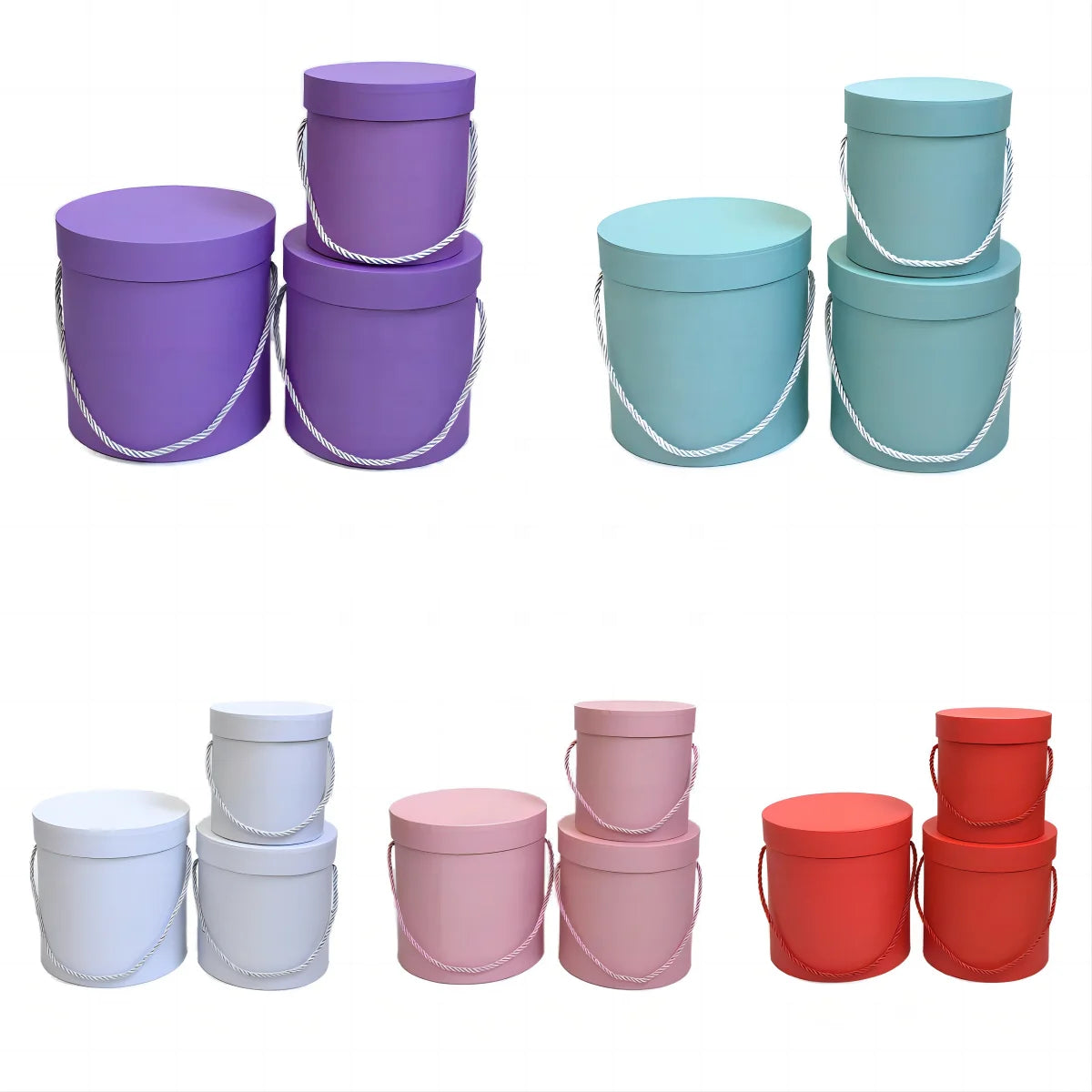 Stock (accept Custom) Solid Color No LOGO  Set 3 Round Box Flower Box Packaging Box Flower Hug Bucket Round Bucket with Rope