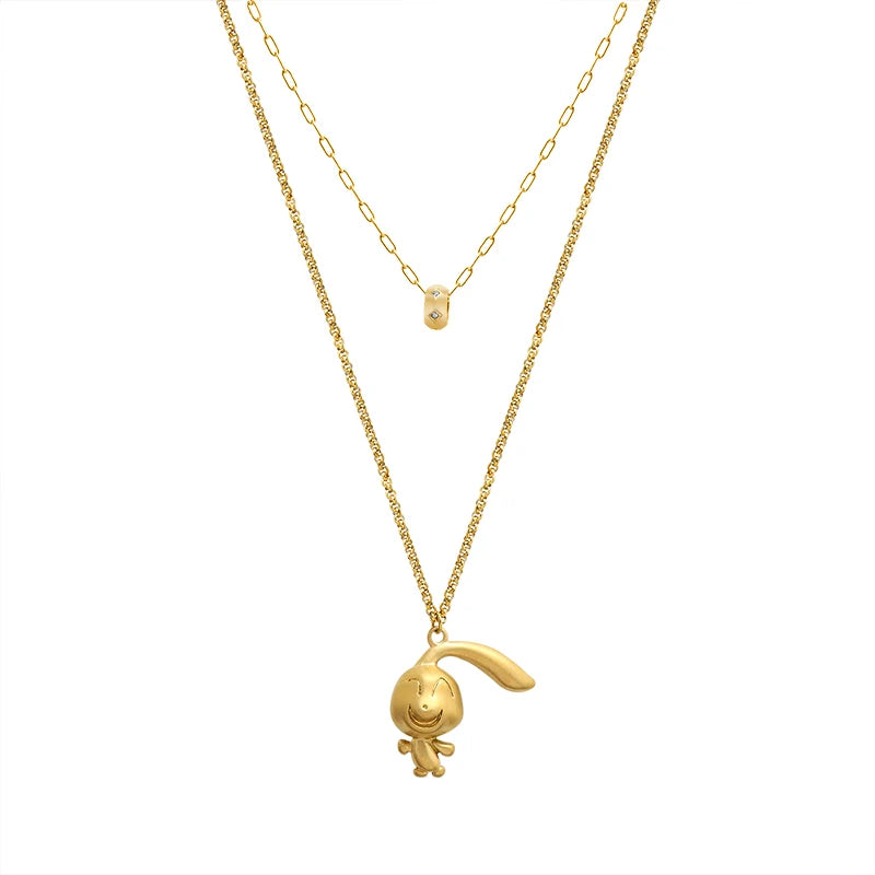 Cartoon Rabbit Pendant Double Layered Wearing Zircon Necklace for Women Winter Sweater Chain Titanium Steel Ornaments