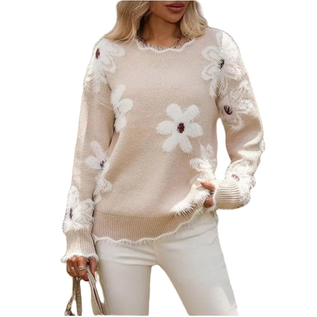 Floral Chunky Knit Oversized Pullover Jumper Casual Loose Long Sleeve Tops Winter Buttoned Fuzzy Sweaters for Autumn for Europe