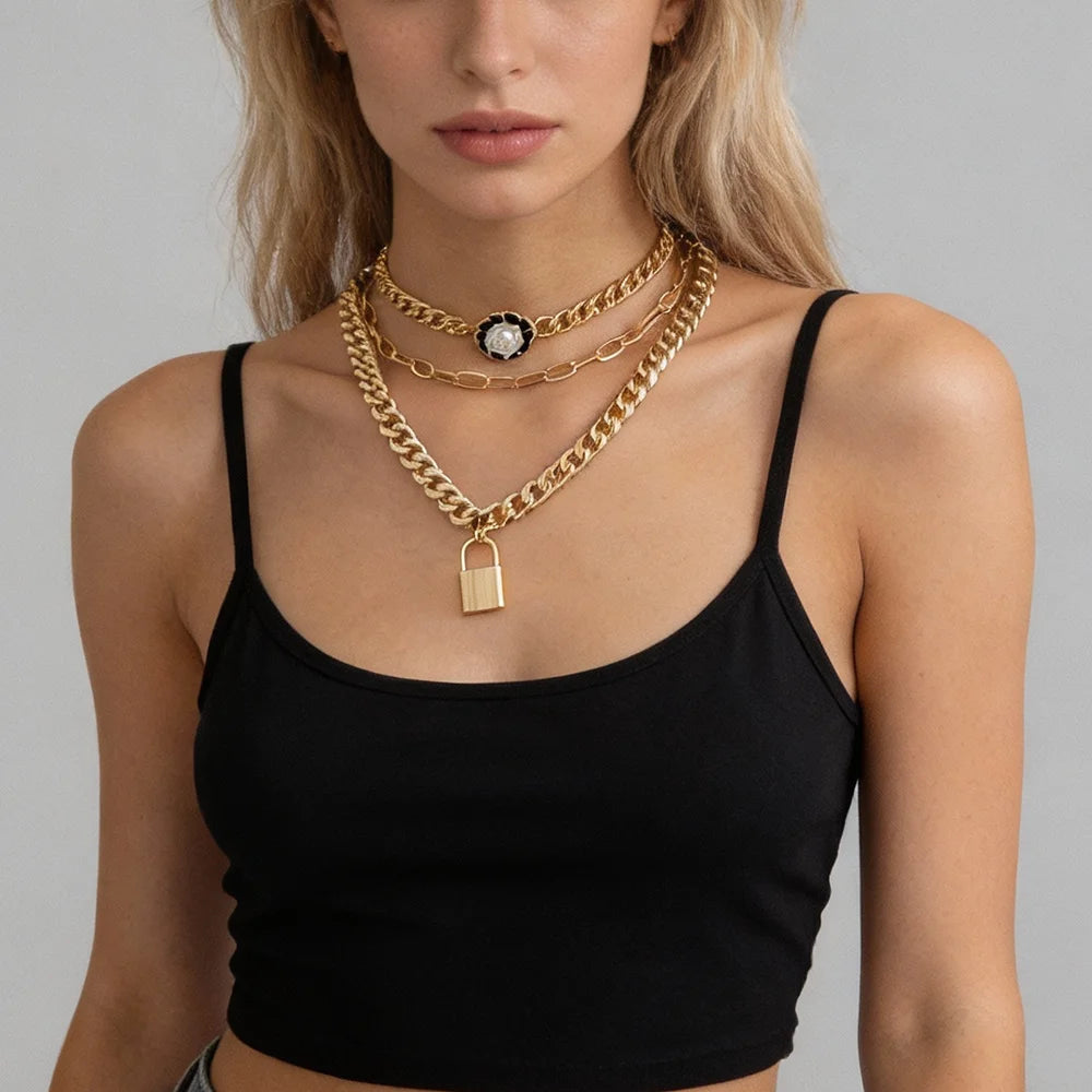3 Pcs/Set Separable Layered Thick Chains With Lock Pendant Necklace for Women Trendy Lady Daily Neck Accessories Fashion Jewelry