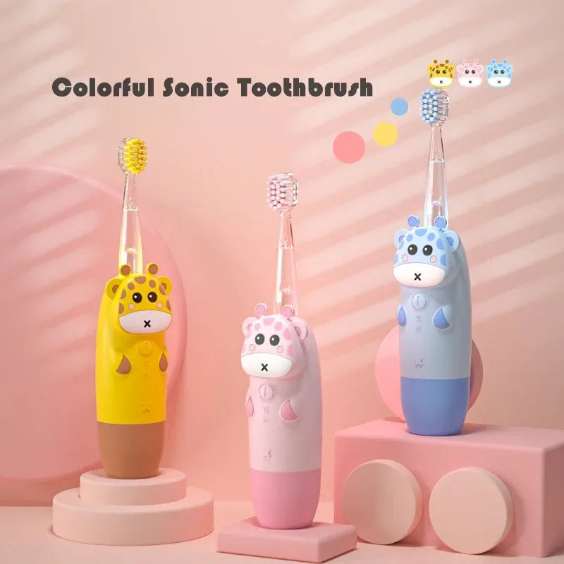For 3-12 Ages Children's Sonic Electric Toothbrush Battery Colorful LED Sonic Kids Tooth Brush Smart Timer Brush Heads Gift