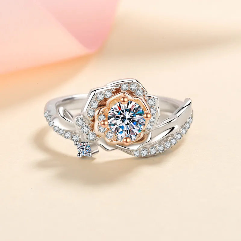 Silver 925 Original 0.5 Carat Diamond Test Past Brilliant Cut Sparkling Moissanite Rose Ring Gemstone Wedding Jewelry for Women