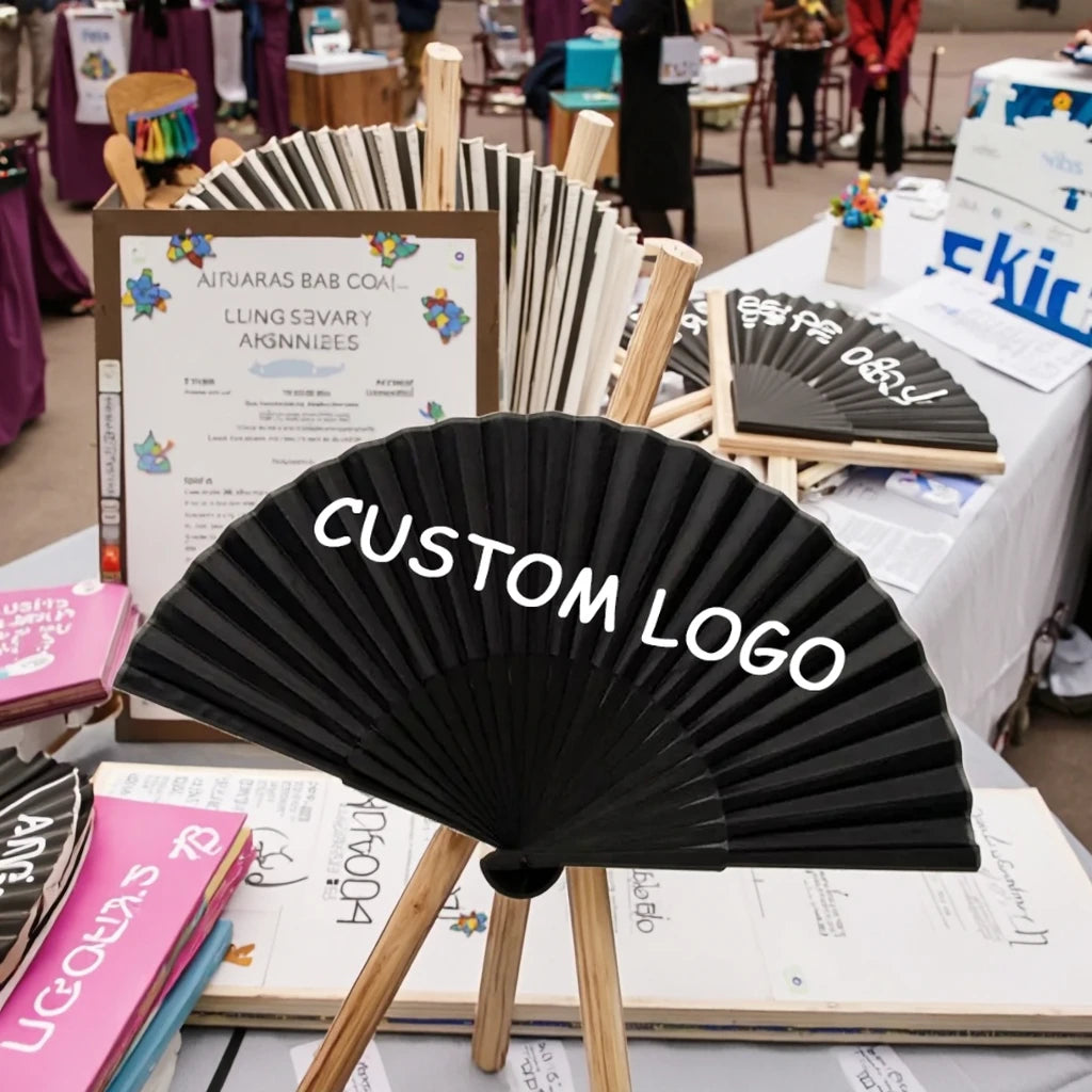 Wholesale Spanish Custom Printed Logo Folding Hand Fans Wedding Bamboo Black Hand Held Fan