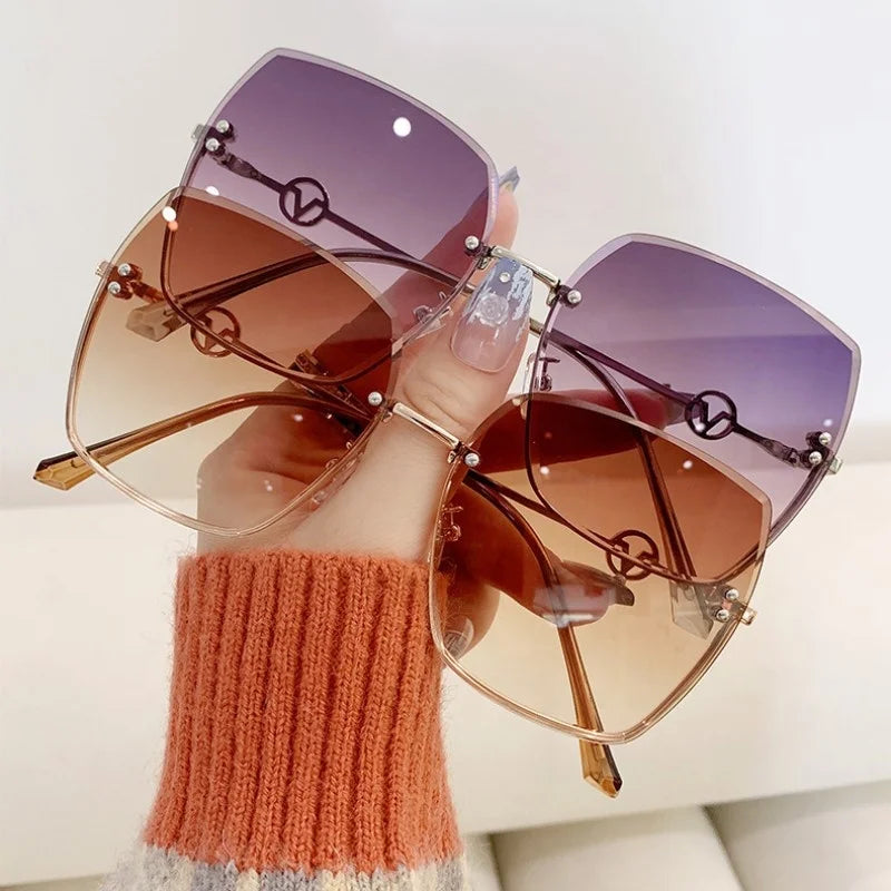 2026 New Trending Rimless Designer Shades Gradient Candy Color Lens Oculos Women Fashion Big square UV375 Lens Sunglasses