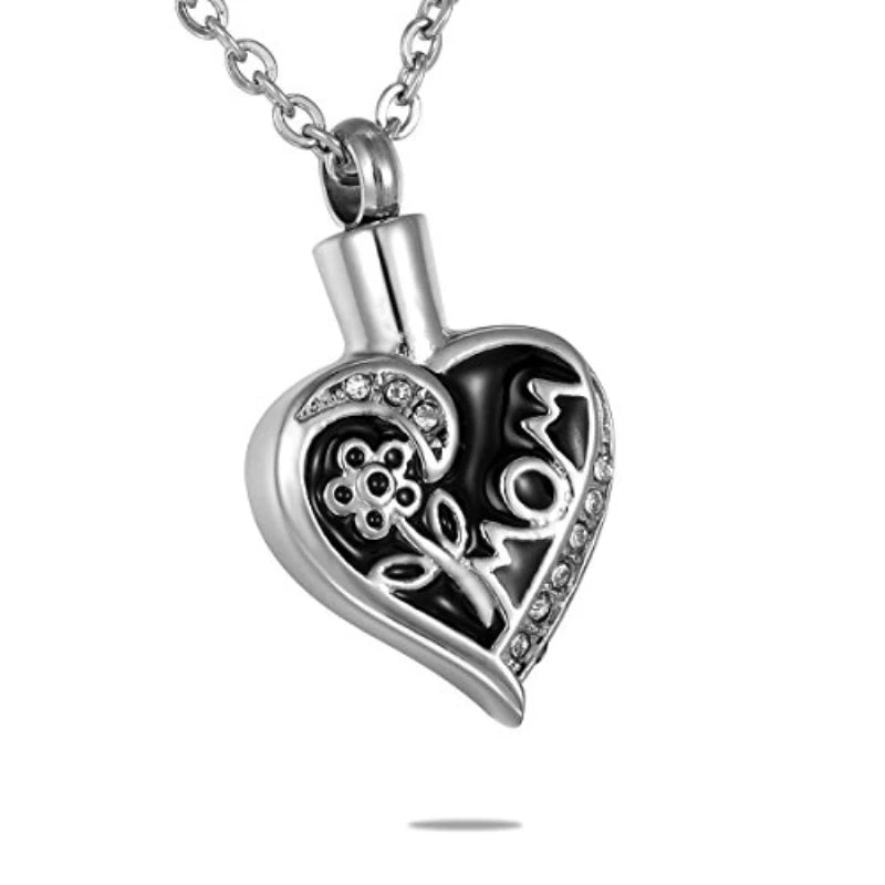 Stainless Steel Silver Plated Christian Mom Cremation Heart Flower Memorial Urn Necklace Ash Keepsake Crystal Pendant