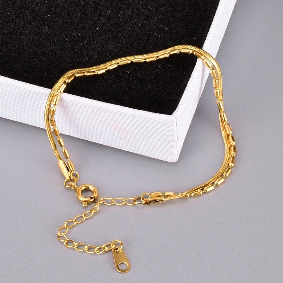 Anti Tarnish Minimalist 18K Gold Plated Korean Jewelry Stainless Steel Double Layer Snake Bead Chain Bracelets for Women