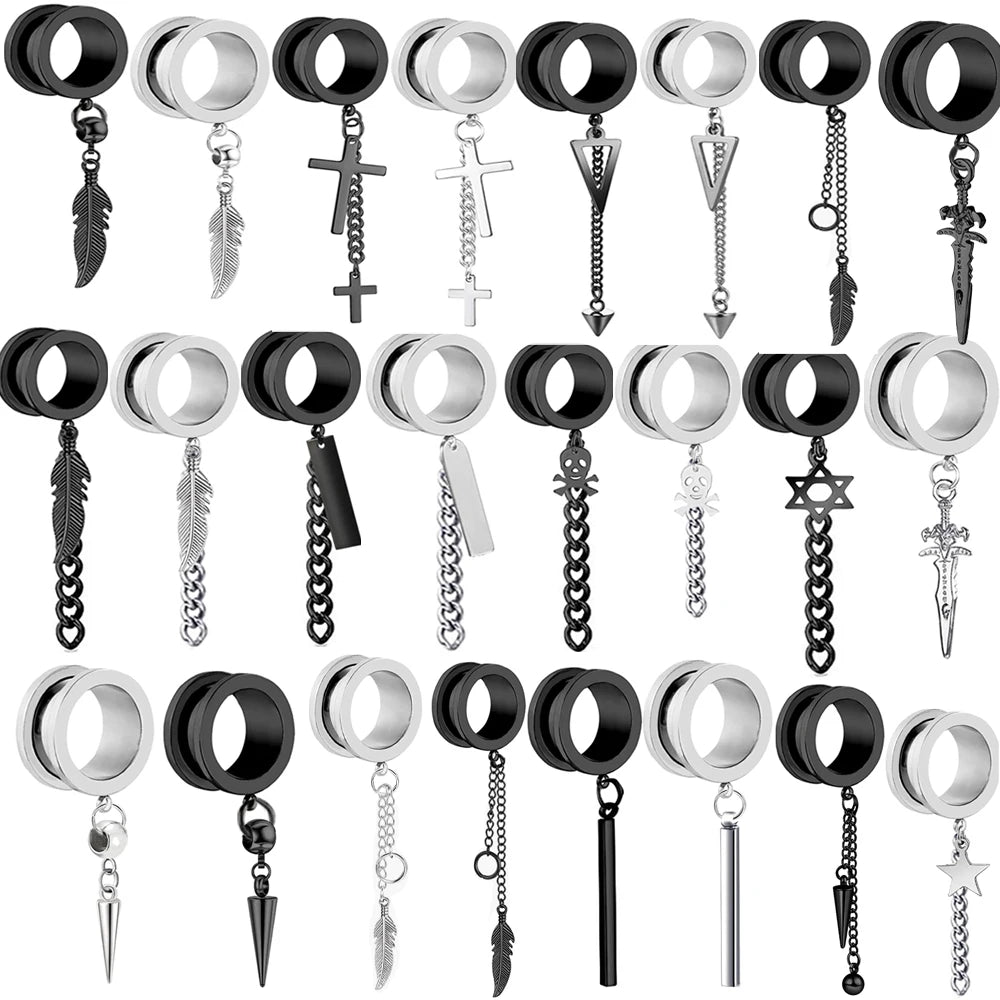 Wholesales Stainless Steel Christian 6-20mm Dangle Ear Tunnels Women Men Crosss Spike Chain Piercing Plugs Cheap Factory Price