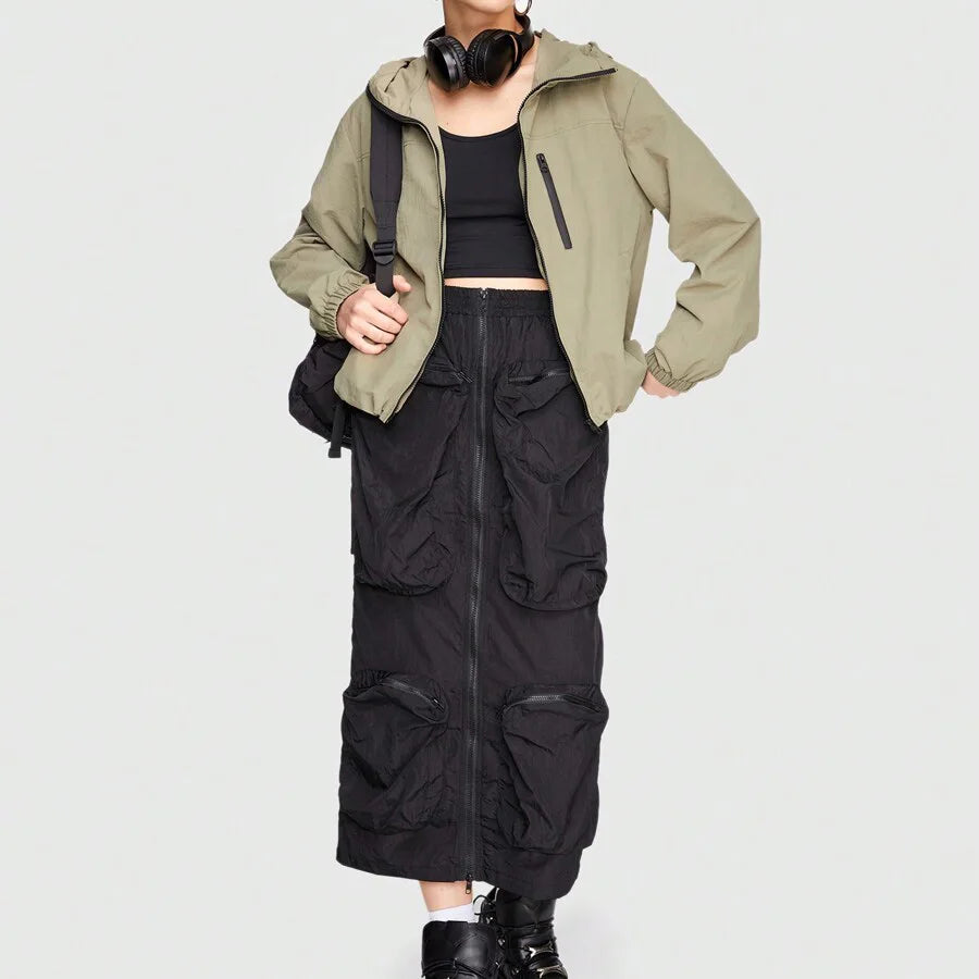Women's Hooded Jacket Zipper Arm Windbreaker High Quality Zip up Stand Collar Chest Zipper Oversized Hoodie