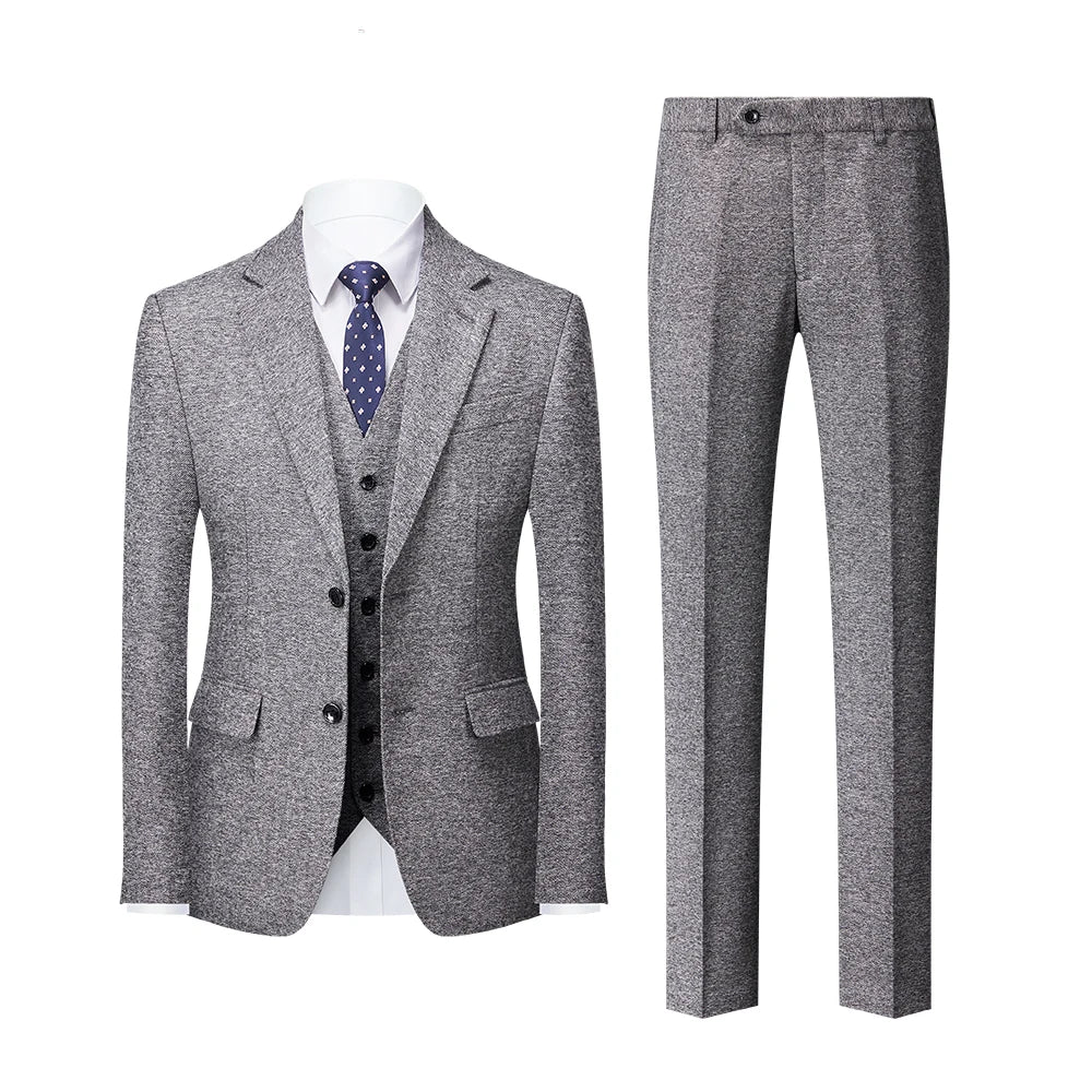 Men's New Solid Color 3-Piece Dress Suit Single-Breasted Two Buttons Korean Slim Design Breathable Plus Size Options for Groom