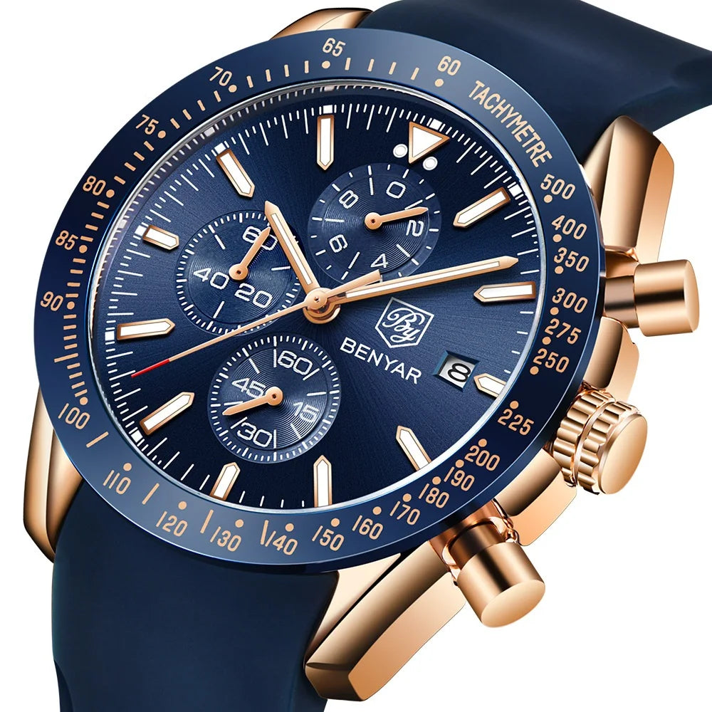 BENYAR Men Watches 5140 New Luxury Silicone&Steel Wristwatches Man Leather Chronograph Quartz New Watch Relogio Masculino