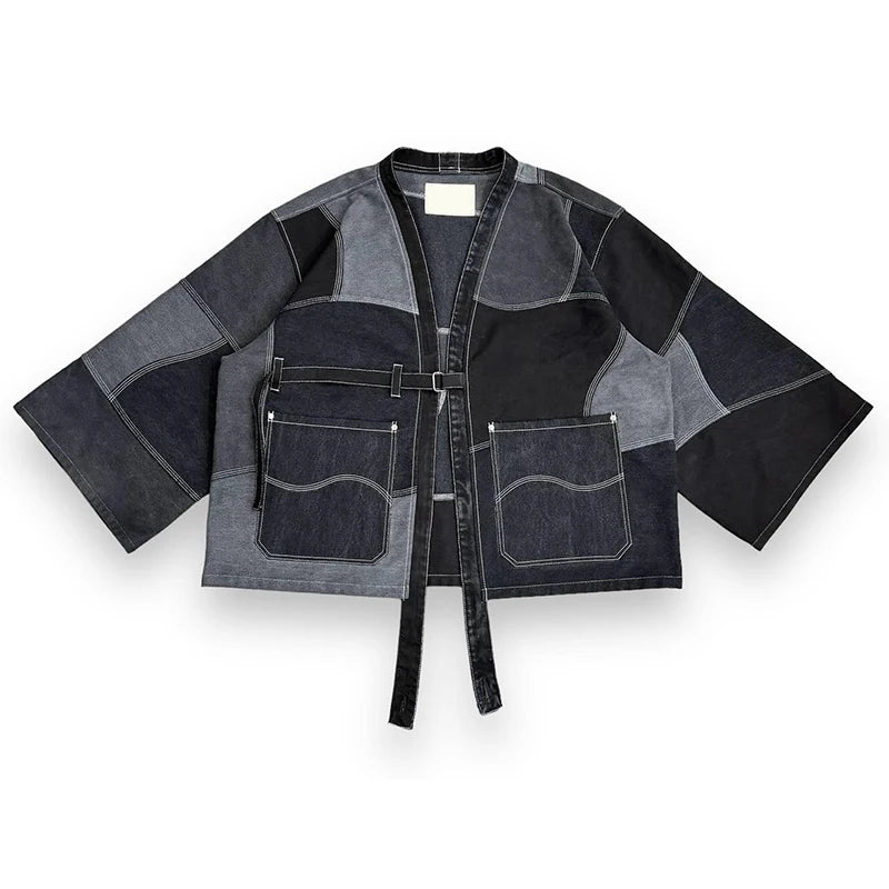 YSJY Wholesale Custom Colorblock Oversized Crop Robe Vintage Denim Jacket Halter Embroidered Loose Jeans Jacket for Men