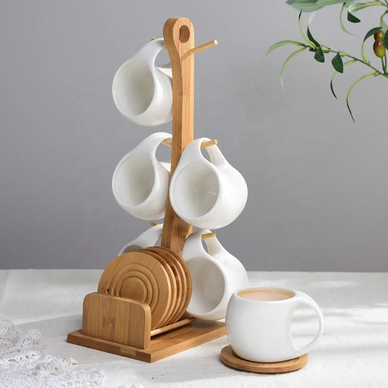 American Style Luxury Porcelain Coffee Cup with Wooden Saucer Creative Tea Cup Set for Wedding
