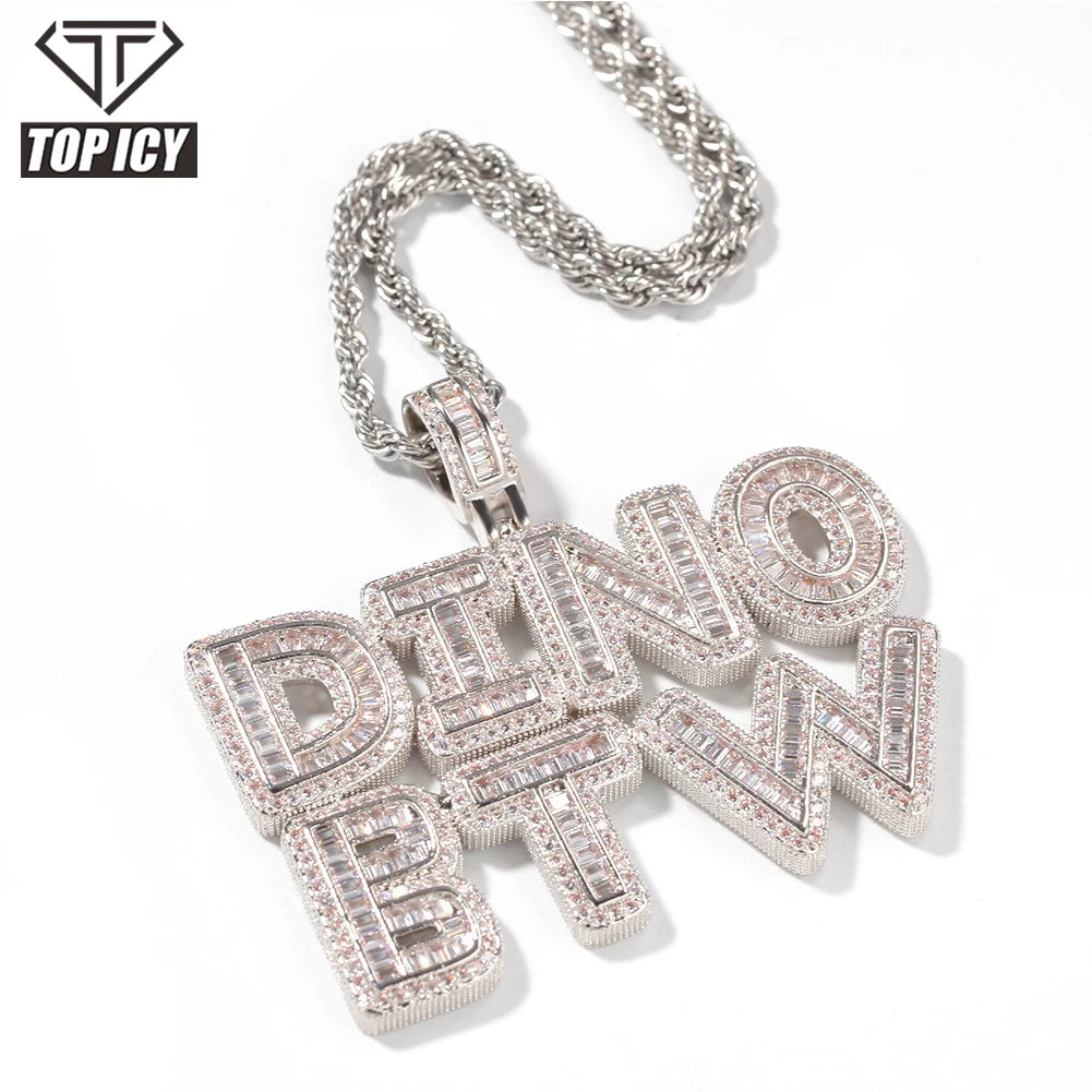 Custom Drip Charm Iced Cubic Zircon Small Baguette Initial Letters Pendant Necklace Words  4mm CZ Tennis Chain Jewelry
