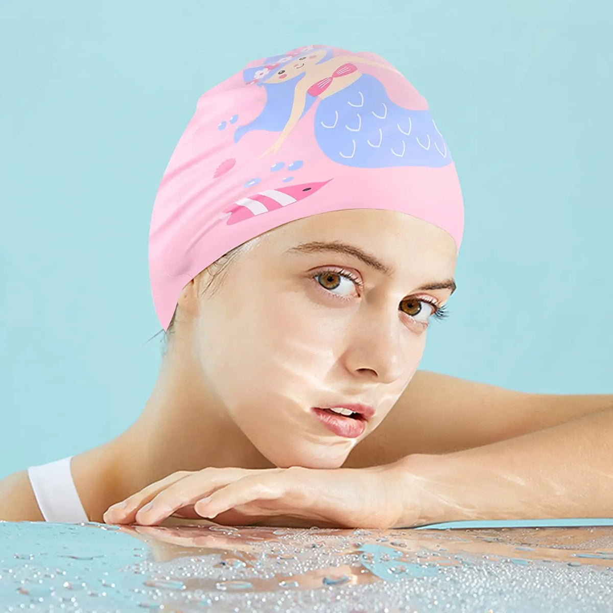 Fashionable 100% Eco-Friendly Silicone Swim Cap Kids Mermaid Design with Custom Logo Print Good Stretch & Leak-Proof