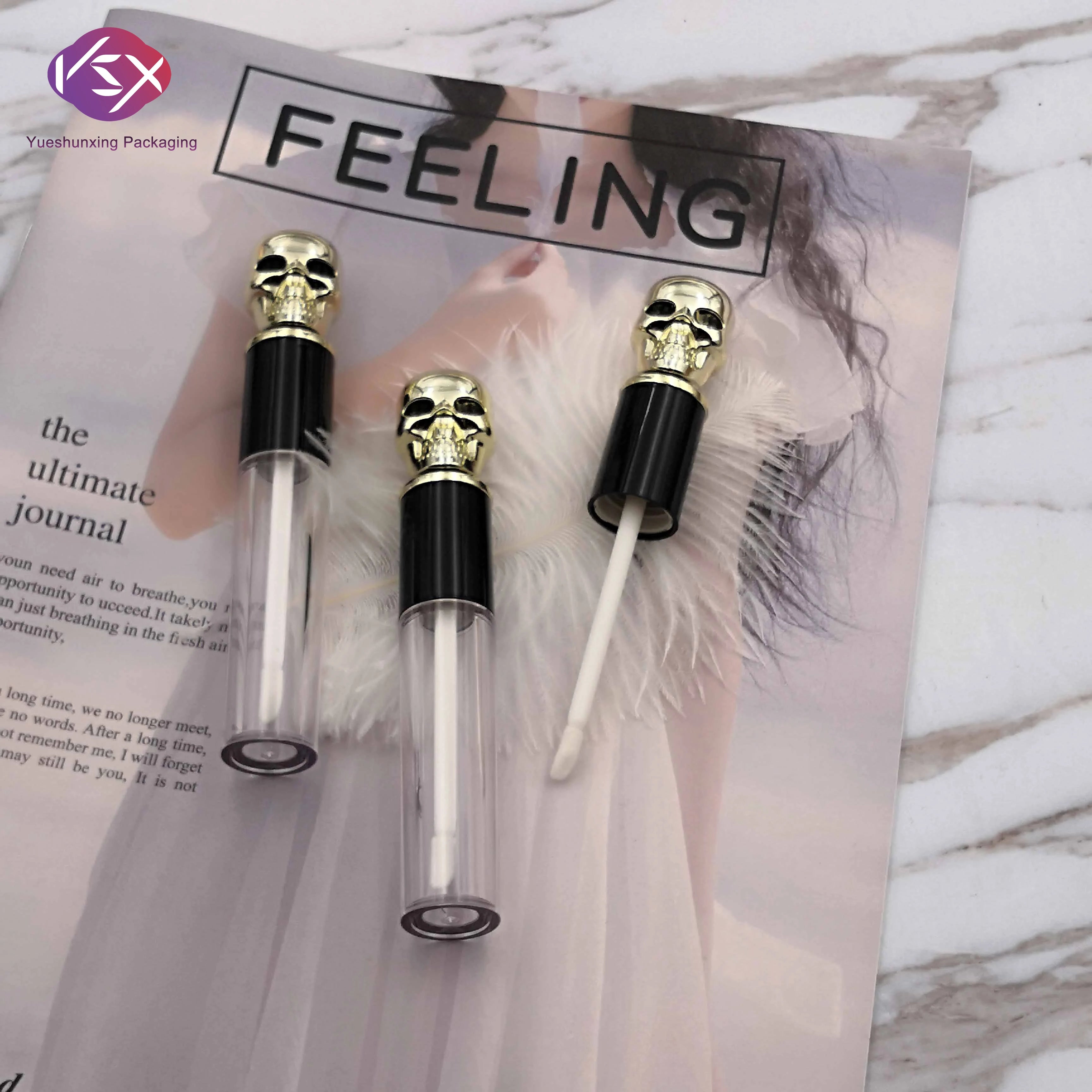 Yueshunxing 6ML Empty Customized Novel Golden Silver Skull Round Transparent Bottle Lip Gloss Tube