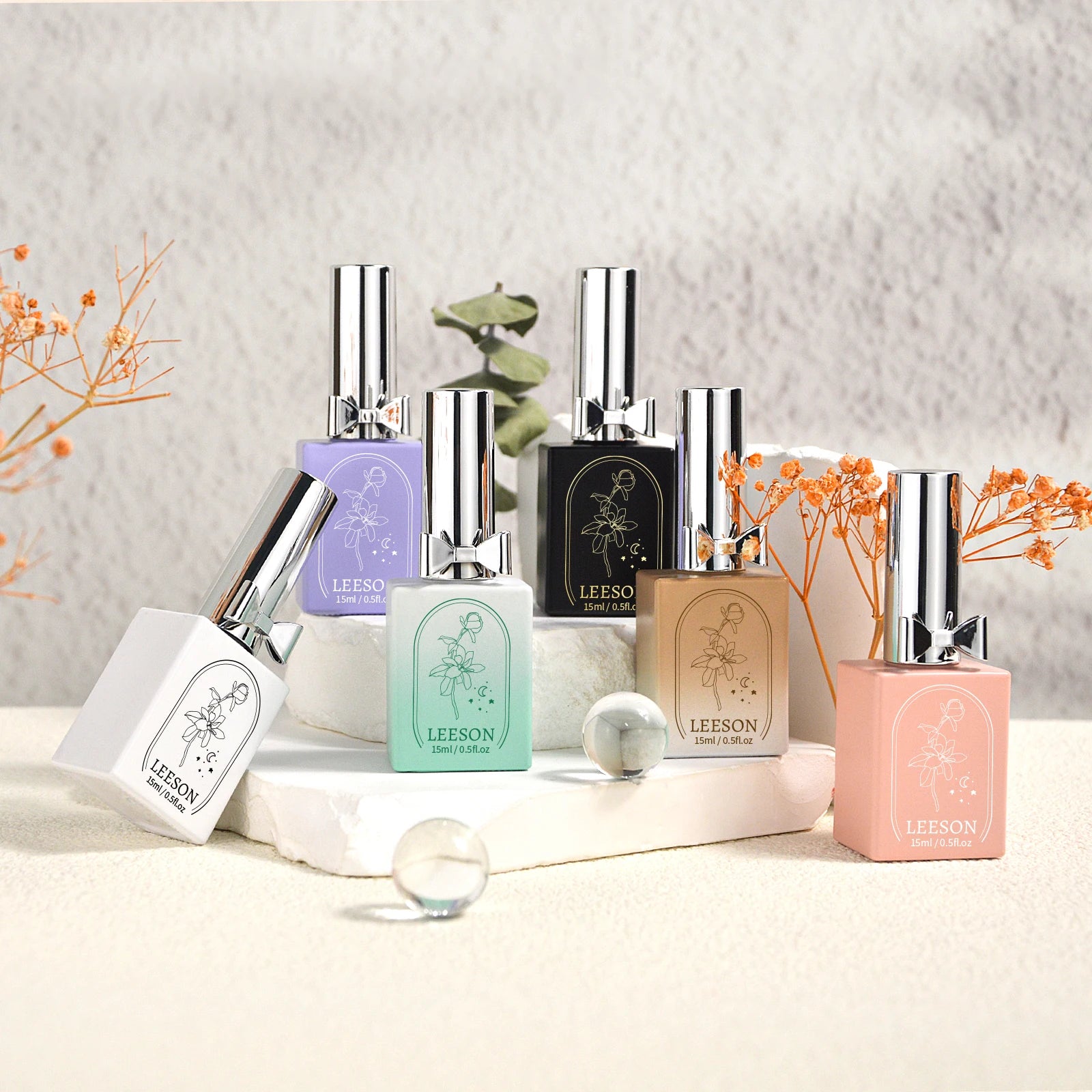 Leeson Free Sample Stock Empty UV Gel Nail Polish Glass Bottle with Brush Silver Gold Cap 15ml Screen Printing