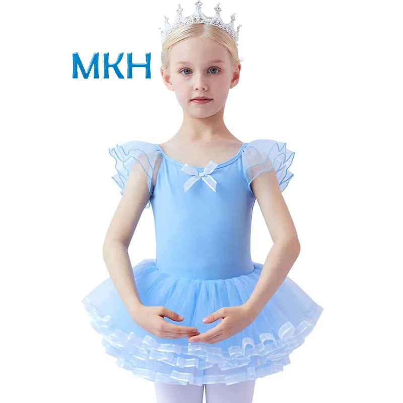 Girls Ruffle Sleeve Leotard With Tutu Skirted